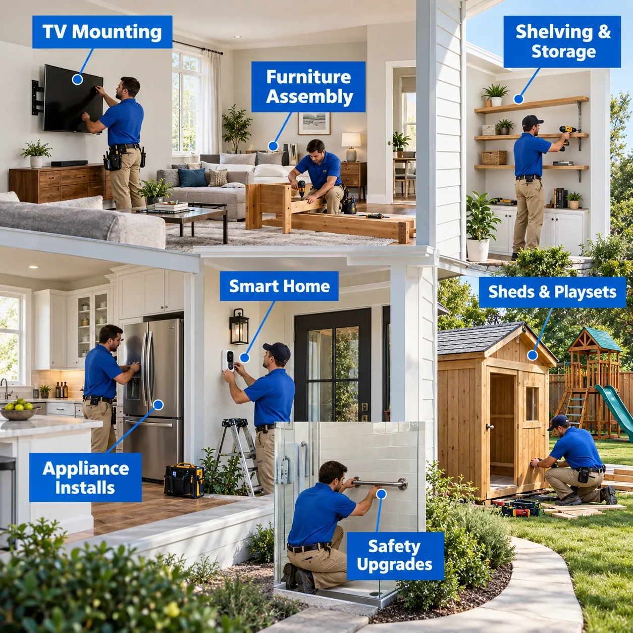 Home assembly, mounting and installation projects including TVs, furniture, shelving, outdoor structures and fixtures