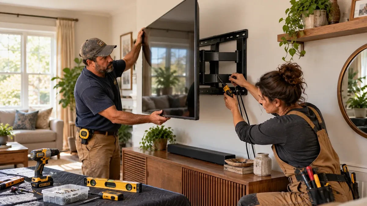 TV, soundbar, mirror and wall-mounted installation work inside a home