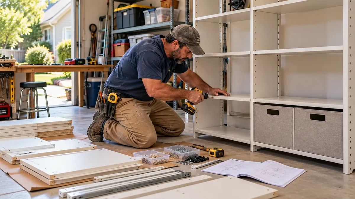Furniture, shelving and storage assembly projects inside a home