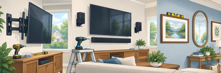 Illustrated strip showing TV, mirror and wall mounting projects