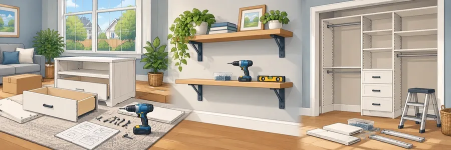 Illustrated strip showing furniture, shelving and storage assembly