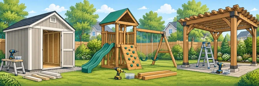 Illustrated strip showing sheds, playsets and outdoor assembly projects