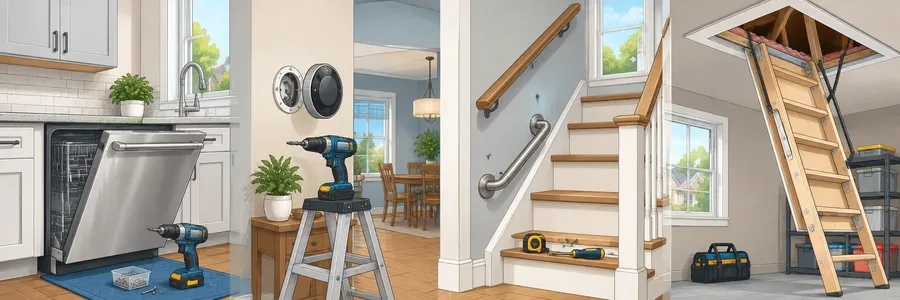 Illustrated strip showing appliances, smart-home and safety installations