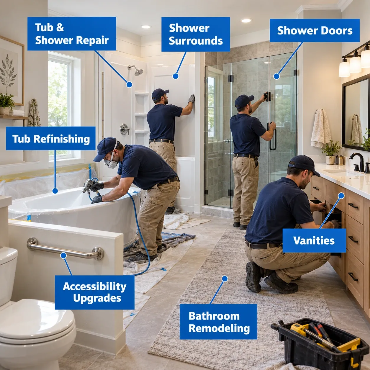 Bathroom repair and upgrade projects including tubs, showers, vanities, remodeling and accessibility improvements