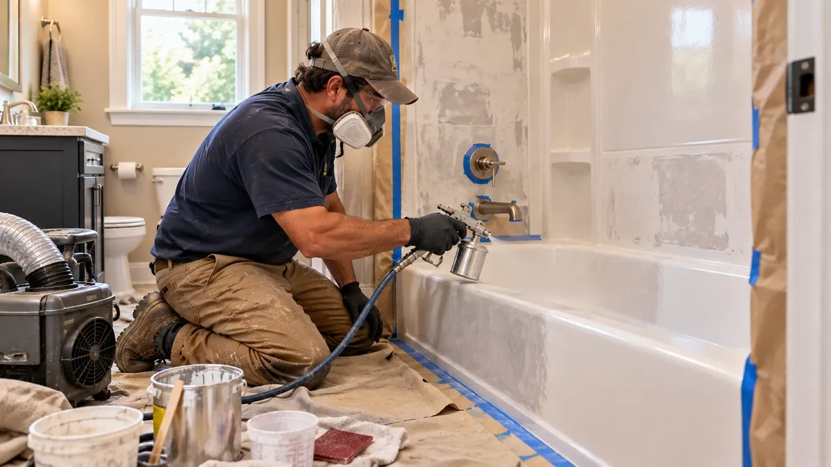 Tub and shower repair, refinishing and surround work in a residential bathroom