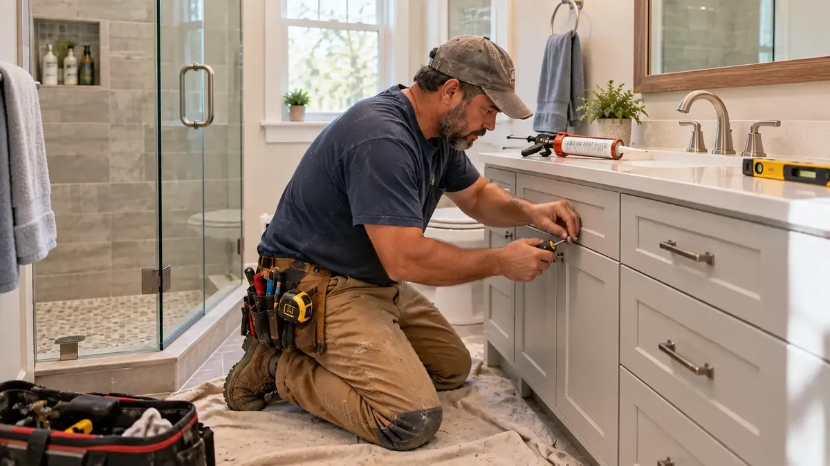 Bathroom vanity, shower door and finish repair work