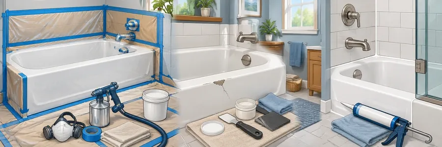 Illustrated strip showing tub repair, resurfacing and refinishing