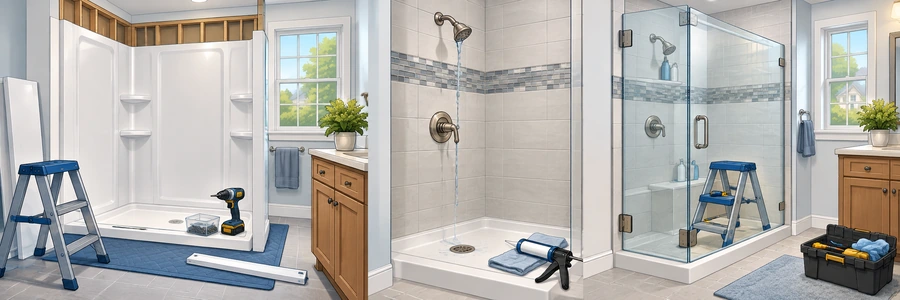 Illustrated strip showing showers, surrounds and shower door work