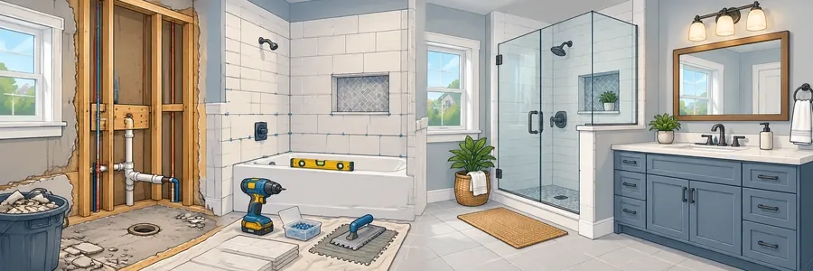 Illustrated strip showing bathroom remodeling and renovation work