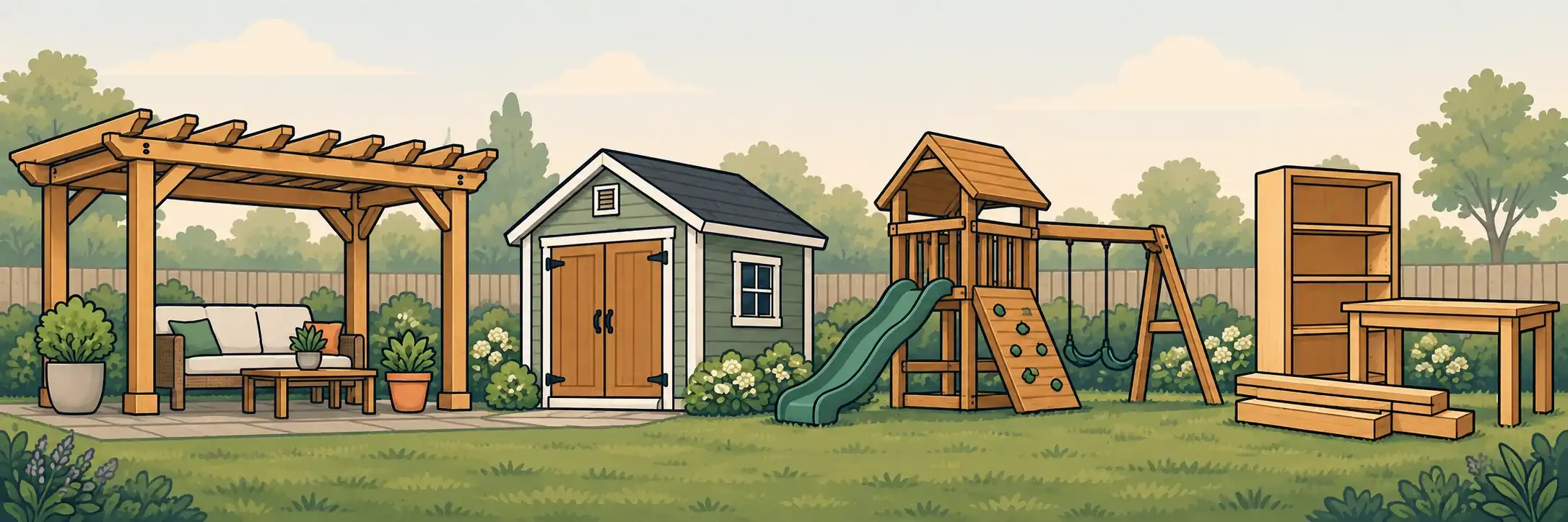 Illustrated strip showing furniture, shed and gazebo assembly