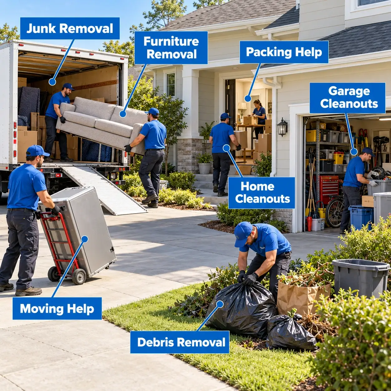 Residential cleanout, junk hauling and moving help including furniture removal, boxes, debris and heavy lifting