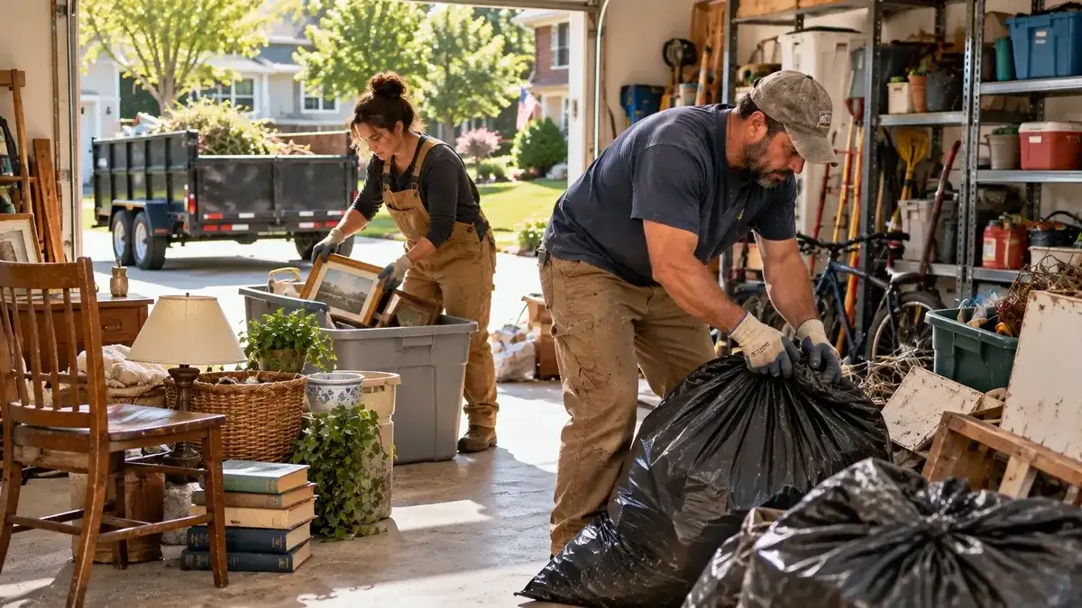 Home and garage cleanout with debris and unwanted items being removed