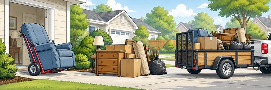 Illustrated strip showing junk removal and hauling