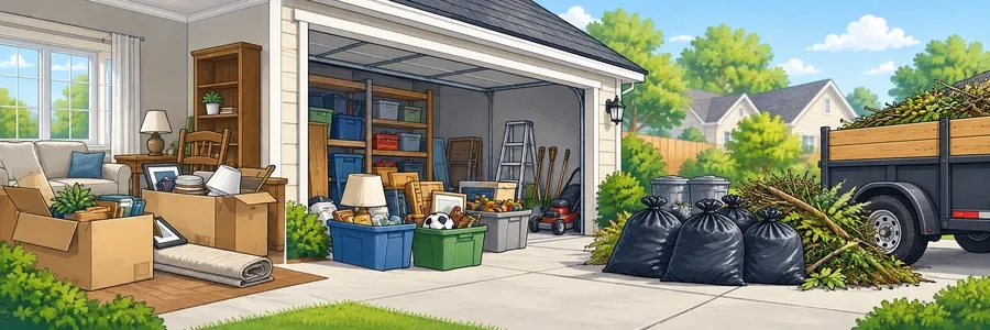 Illustrated strip showing home, garage and debris cleanouts