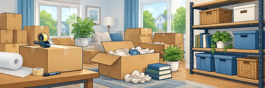 Illustrated strip showing packing, unpacking and storage organization