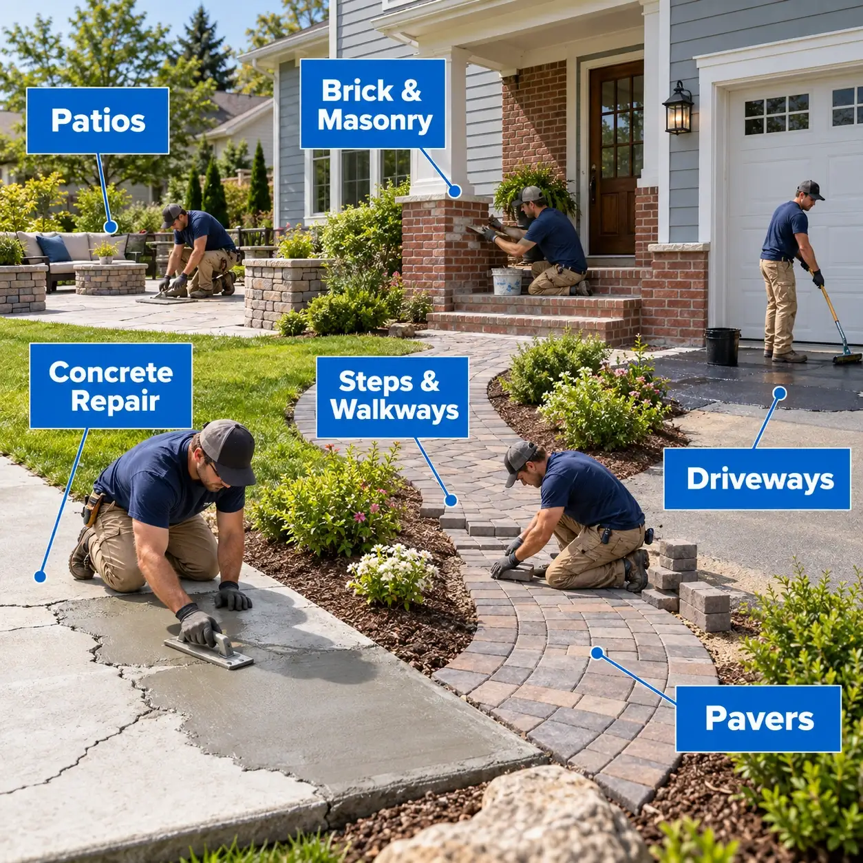 Residential concrete, masonry and paving projects including cracked concrete, paver walkways, brick and stone repairs