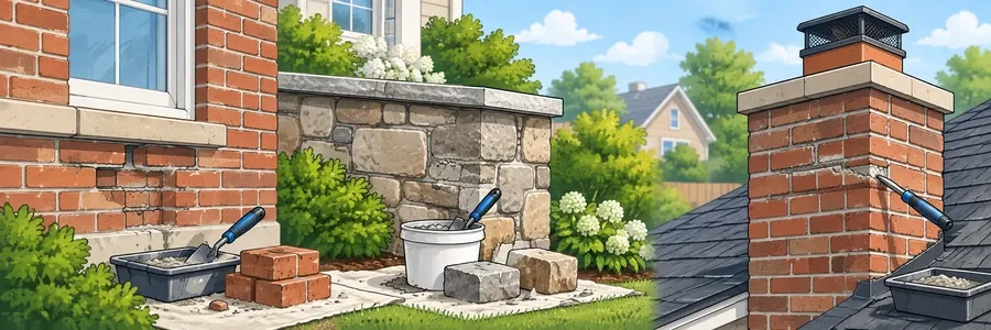 Illustrated strip showing brick, stone and chimney masonry work
