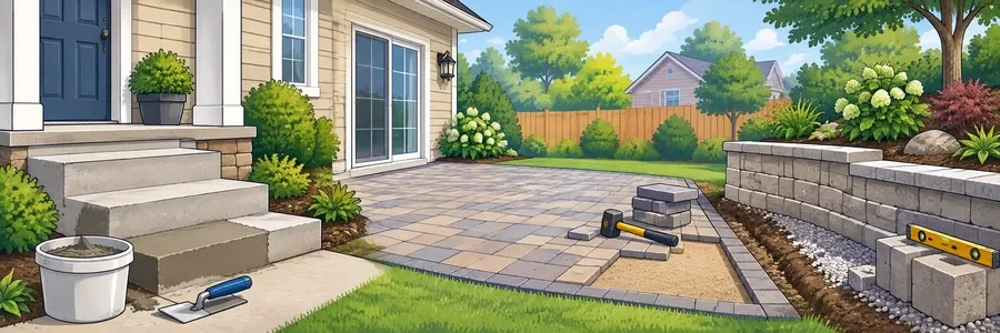 Illustrated strip showing steps, patios and retaining walls