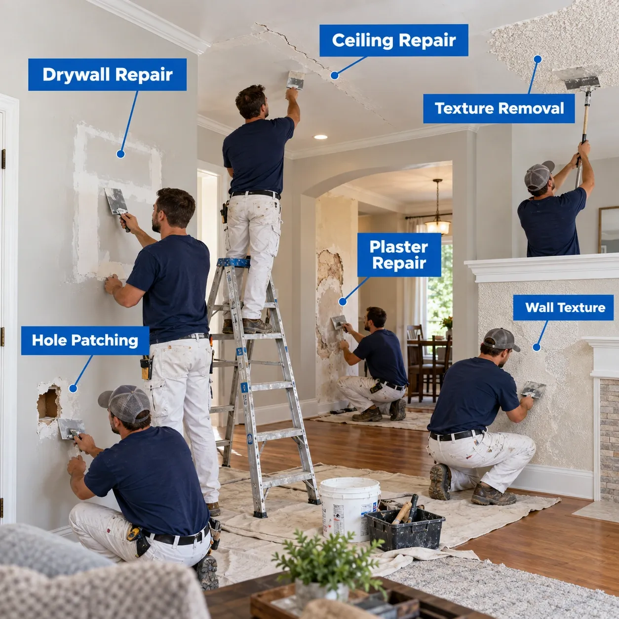 Home wall and ceiling repair work showing drywall patches, plaster repair and finish preparation