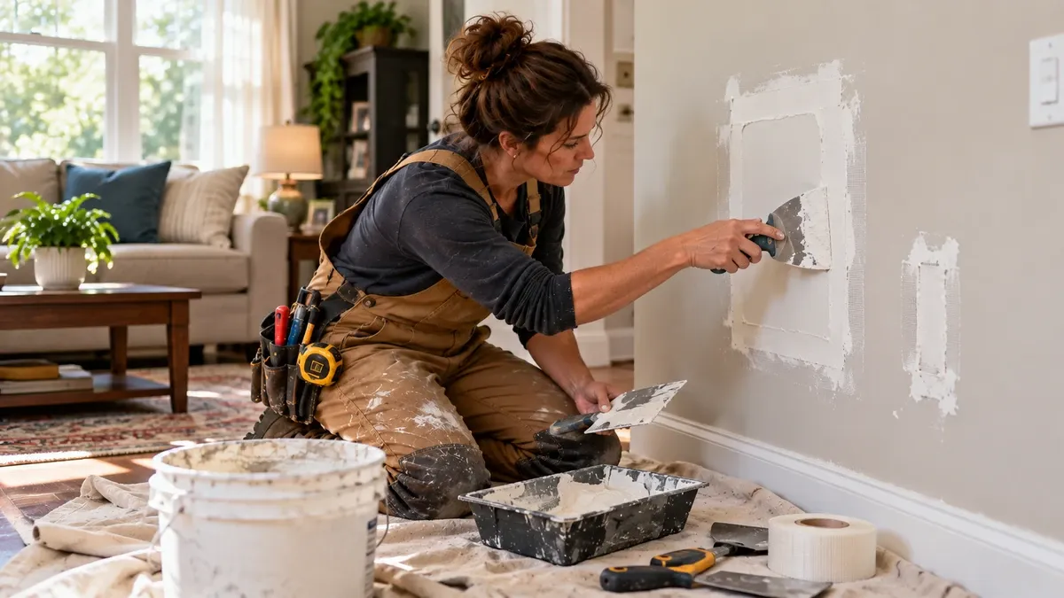 Drywall wall repair with patched holes and damaged areas being restored