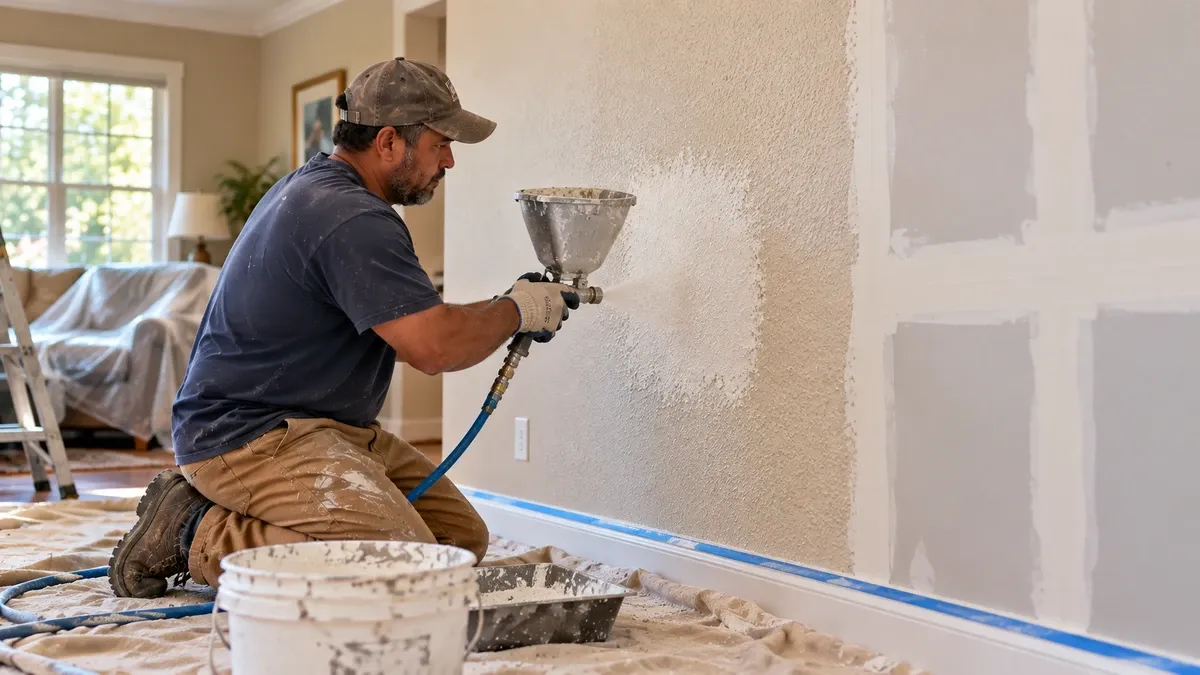 Wall texture and drywall finishing work being completed in a home