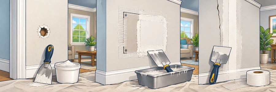 Illustrated strip showing drywall holes and patch repairs