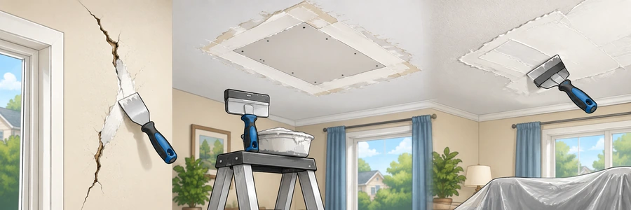 Illustrated strip showing plaster and ceiling repairs
