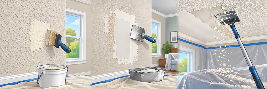Illustrated strip showing wall texture and popcorn ceiling removal