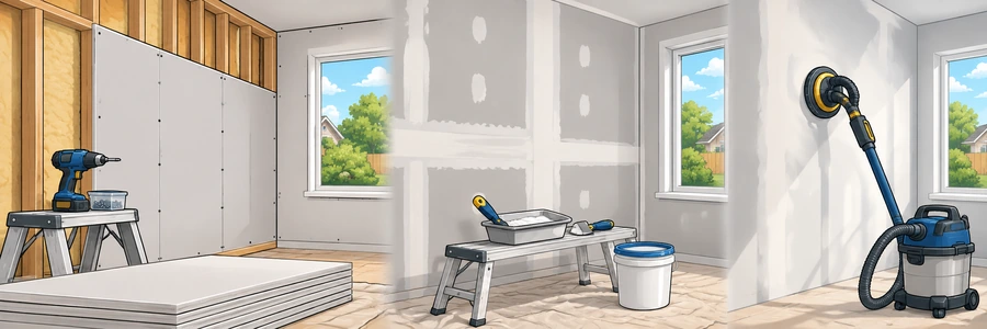 Illustrated strip showing drywall installation and finish preparation