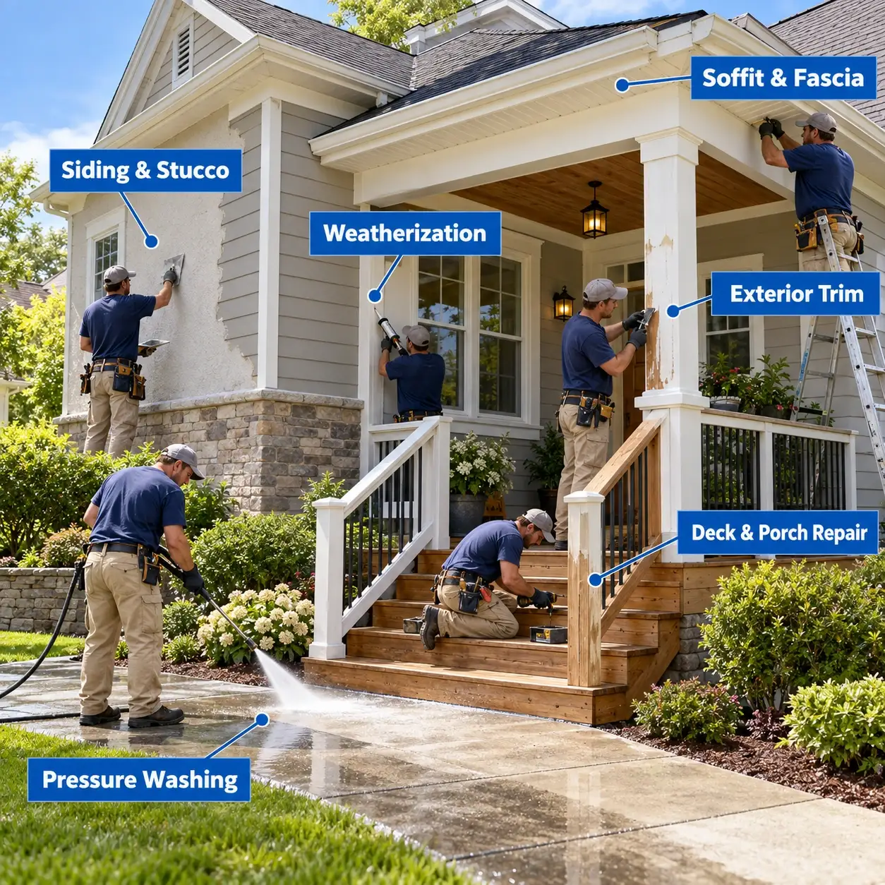 Exterior home repair projects including siding, stucco, soffit, fascia, deck, porch and exterior surface repairs