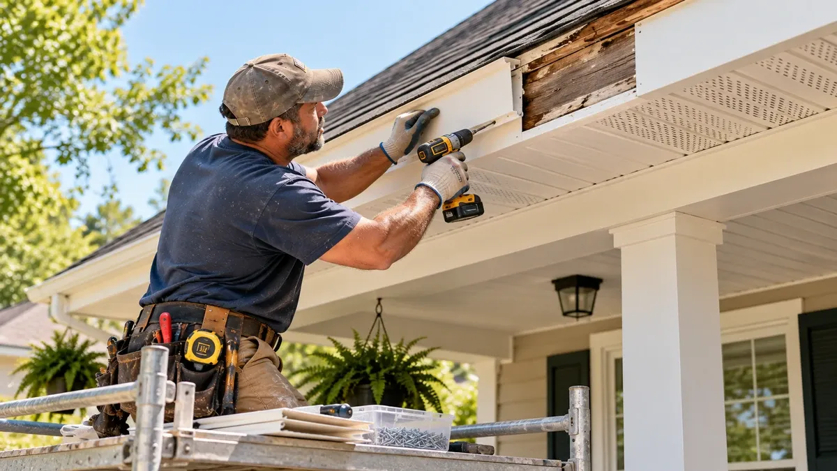 Soffit, fascia and roof-edge repair along a residential roofline