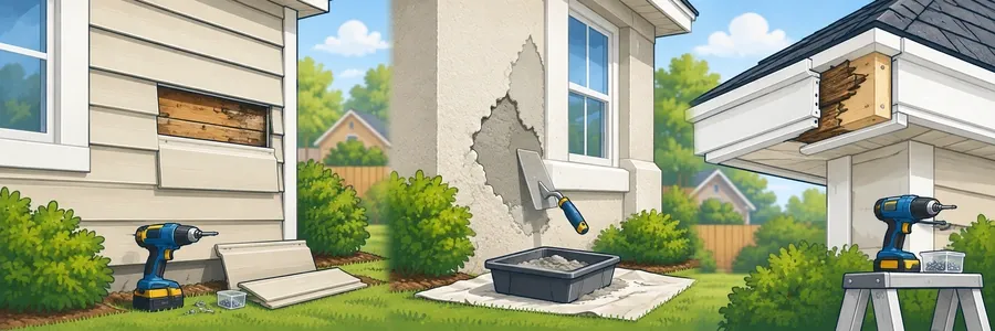 Illustrated strip showing siding, stucco and exterior trim repair