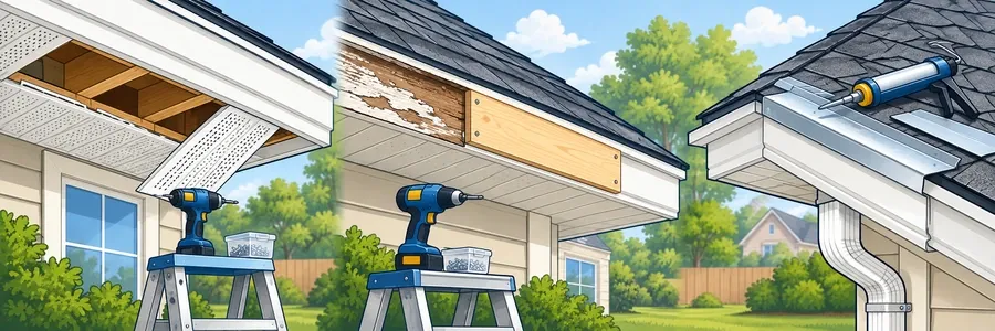 Illustrated strip showing soffit, fascia and roof-edge repair