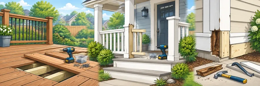 Illustrated strip showing deck, porch and wood rot repair