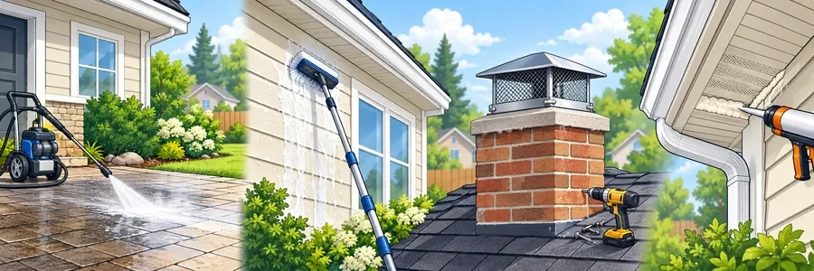 Illustrated strip showing exterior cleaning and weather protection