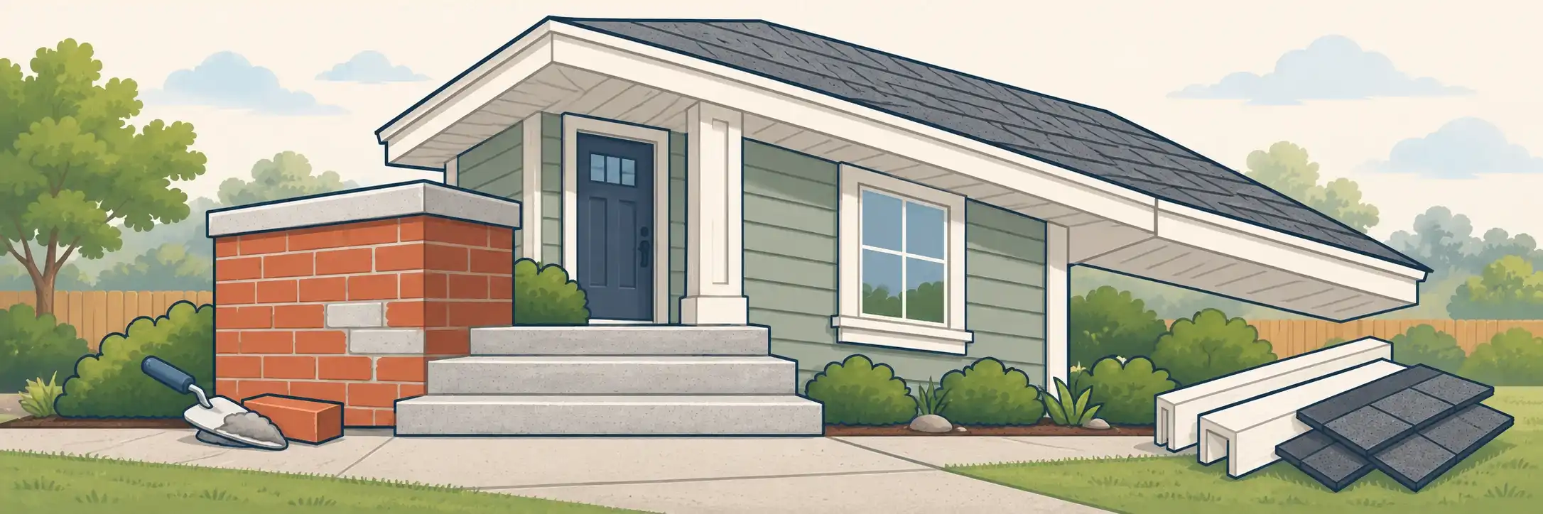 Illustrated strip showing brick, siding and roofing repairs