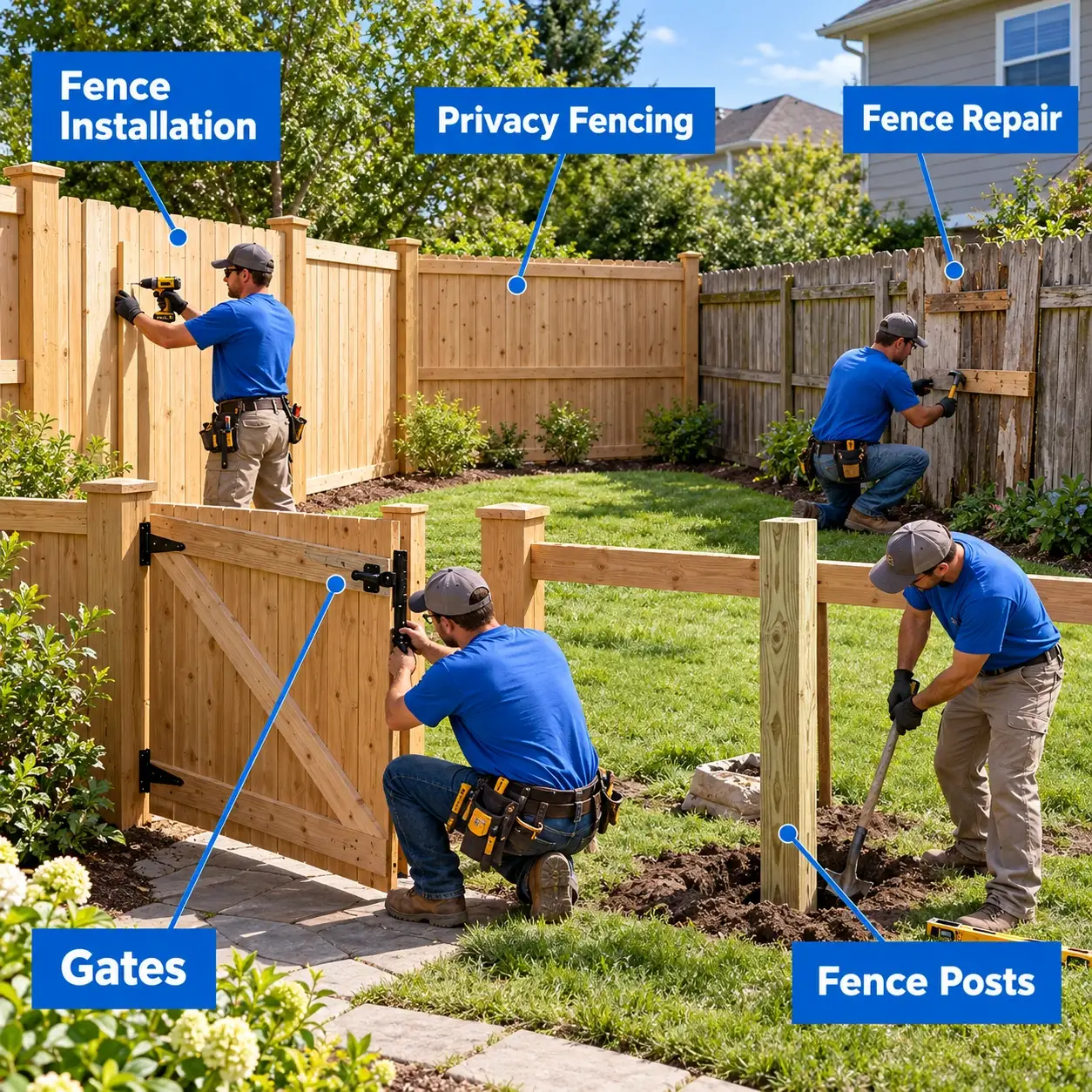 Residential fence and gate projects including new fence installation, damaged panel repairs, posts, gates and hardware