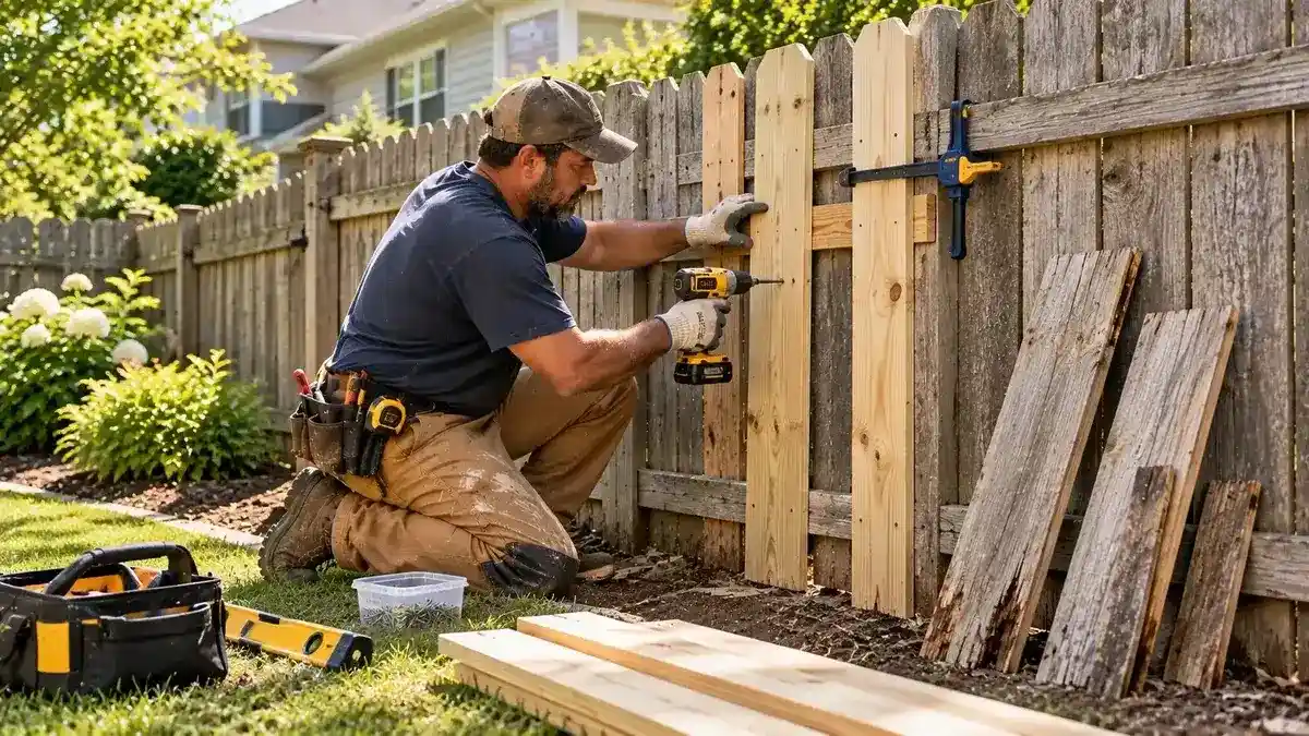 Residential fence repair including damaged and leaning sections