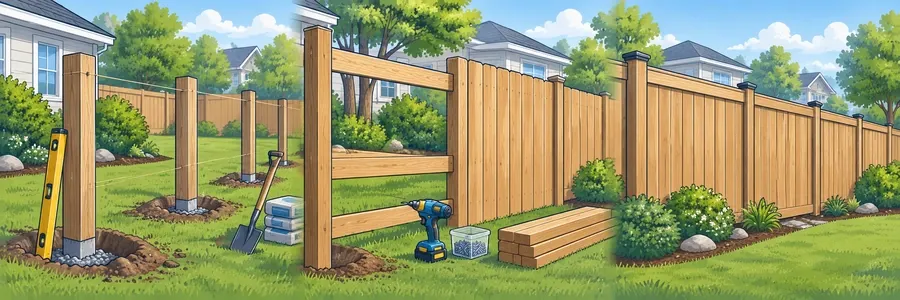 Illustrated strip showing new residential fence installation