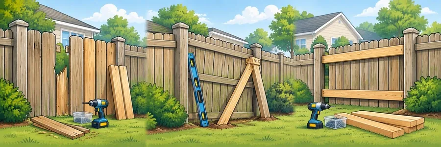 Illustrated strip showing residential fence repairs
