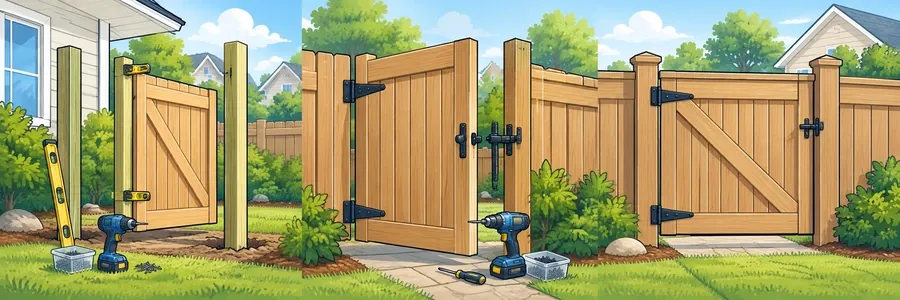 Illustrated strip showing residential gate repair and installation