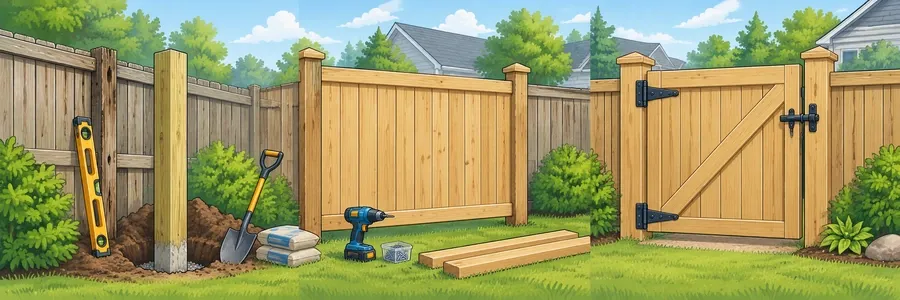 Illustrated strip showing fence posts, panels and hardware
