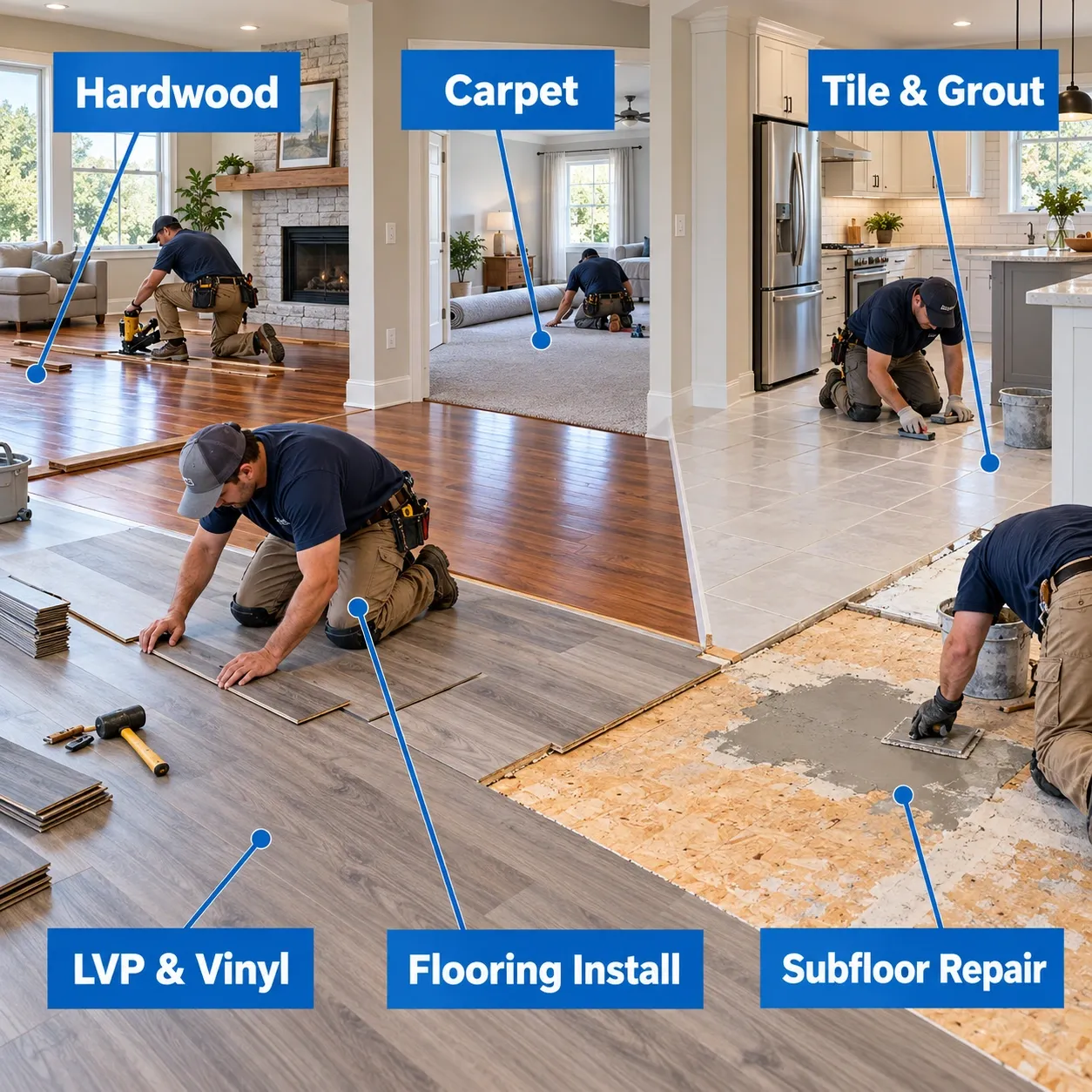Residential flooring, carpet, tile and grout projects including installation, repair, backsplashes and subfloor work