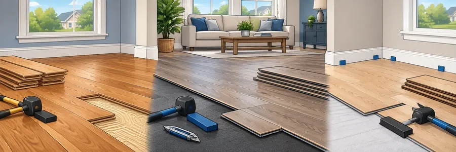 Illustrated strip showing hardwood, luxury vinyl plank and laminate flooring work