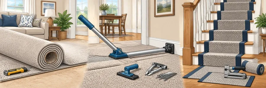 Illustrated strip showing carpet installation, replacement and repair