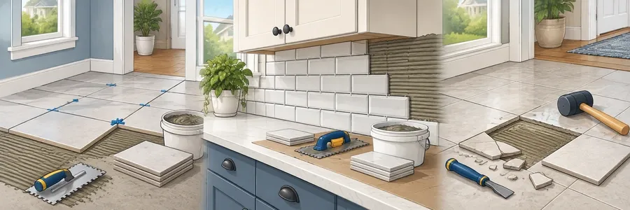 Illustrated strip showing tile floors, backsplashes and grout work