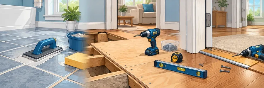 Illustrated strip showing grout, subfloor and floor repair work
