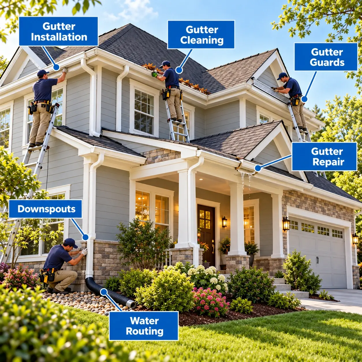Residential gutters and downspouts showing common gutter service needs