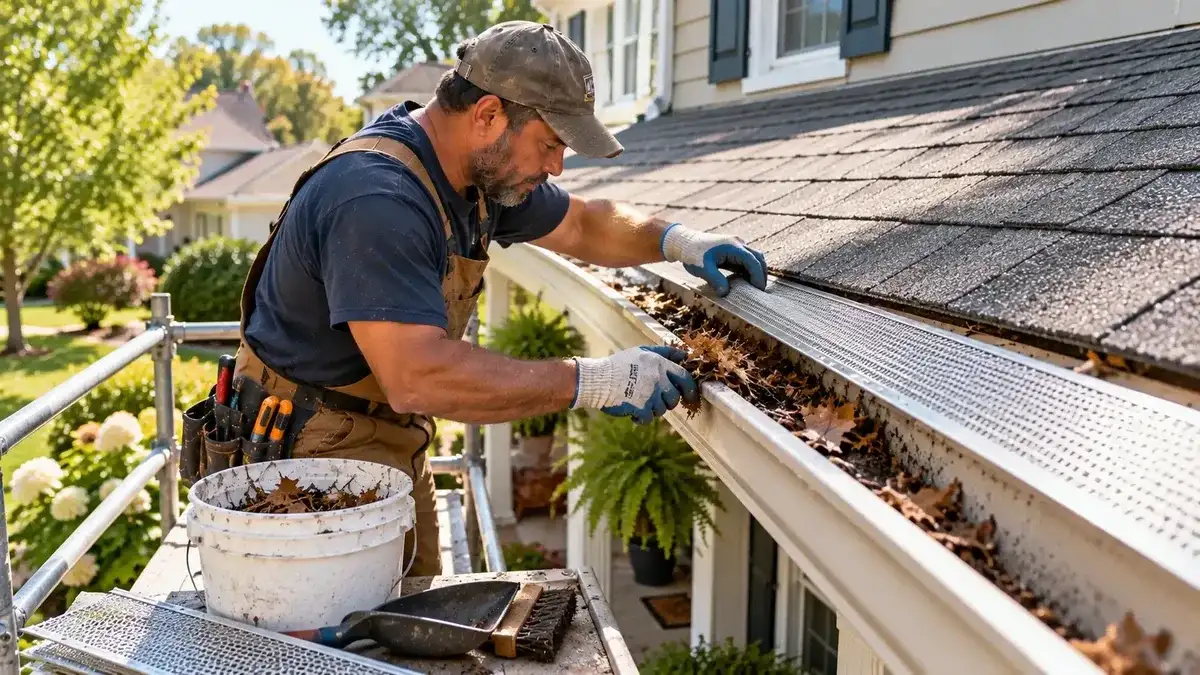 Gutter cleaning and gutter protection work on a residential home