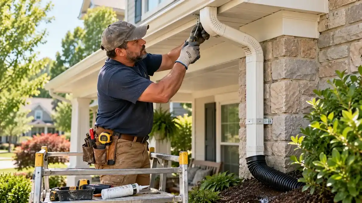 Gutter repair and downspout service on a residential exterior